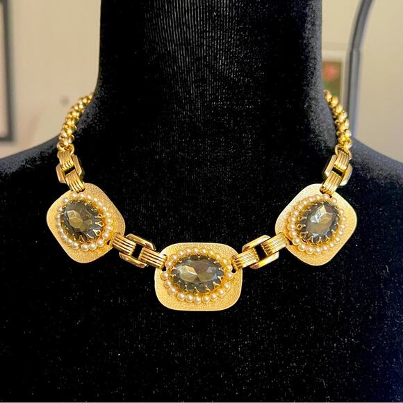 JUDY LEE OLIVE GREEN & PEARLS NECKLACE and BRACELET VINTAGE 1950s MID CENTURY - Picture 1 of 14